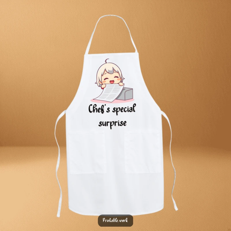 Funny apron showing a giggling character printing an absurdly long document, adding humor to kitchen tasks and making a great gift.