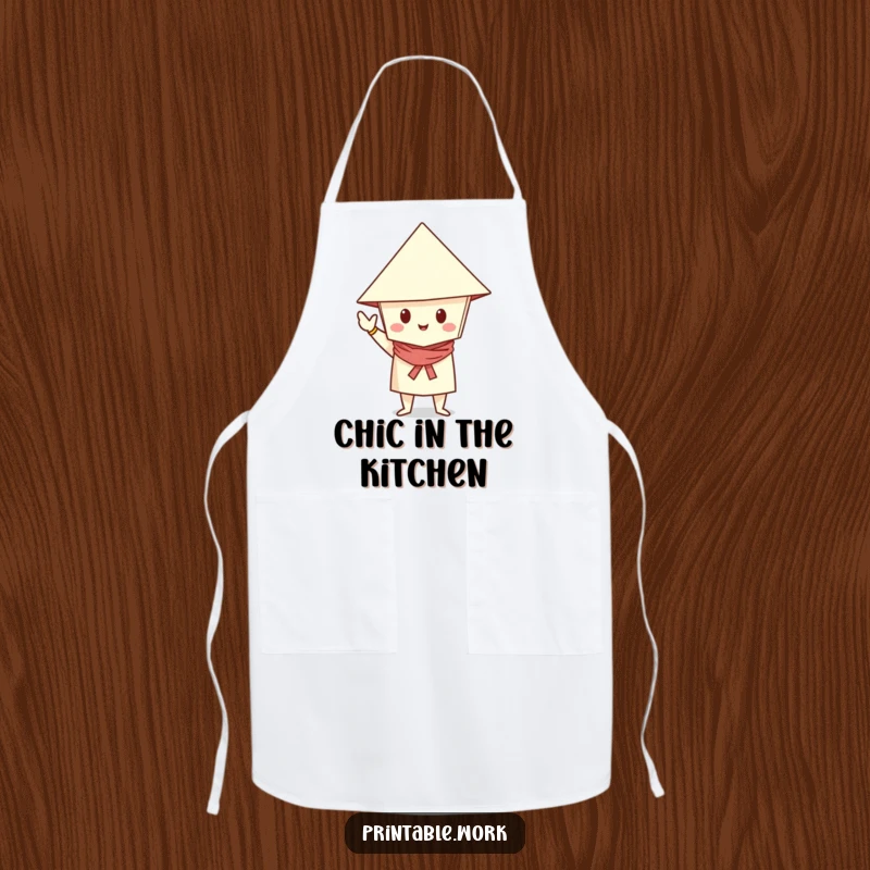 Funny Apron showcasing a paper character in a folded hat, striking a stylish pose, perfect for the kitchen.