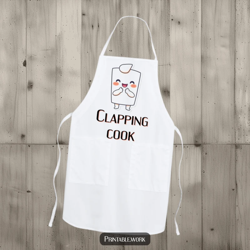 Funny apron: Happy paper character joyfully clapping with tiny hands, practical and humorous kitchen wear.