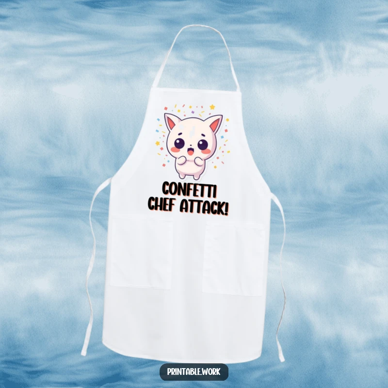 Funny apron showing a surprised Kawaii character in a confetti blast, ideal for a humorous cooking experience.