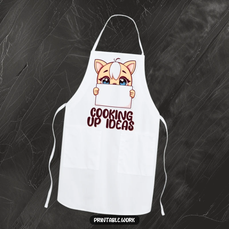 Funny apron showing a curious character with wide, excited eyes looking at a blank page, perfect for creative endeavors.