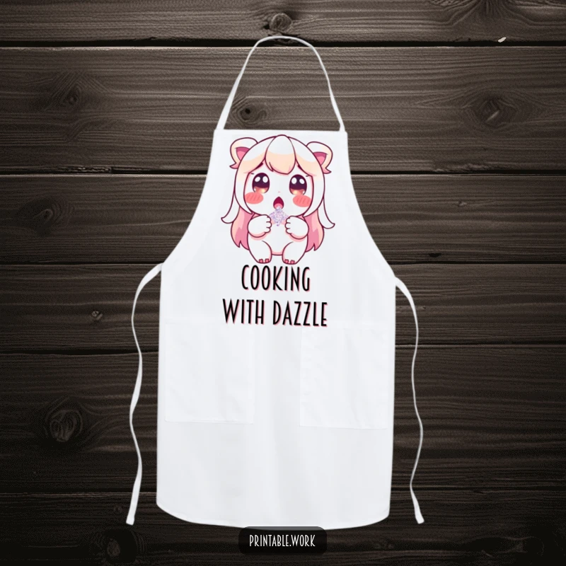 Funny apron with a surprised character holding a single glitter flake, adding a touch of humor and wonder to kitchen tasks.