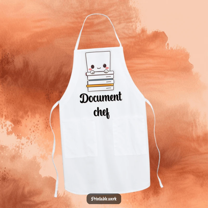 Funny apron: Paper character shyly peeking from behind documents, practical and humorous kitchen wear for observers.