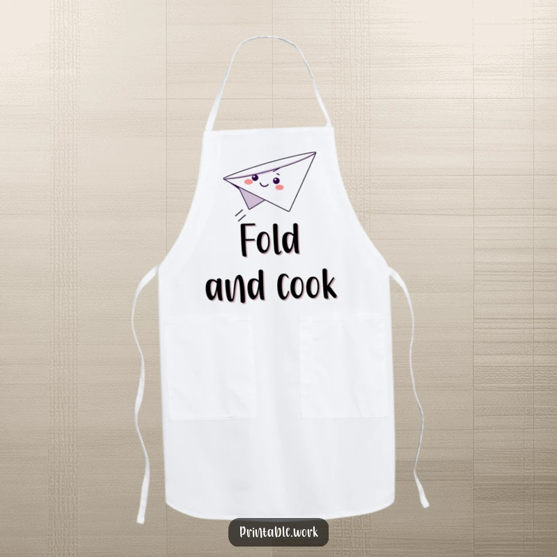 Funny Paper Airplane Apron showing a cute smiling paper airplane character flying through the air, ideal for humorous kitchen tasks.