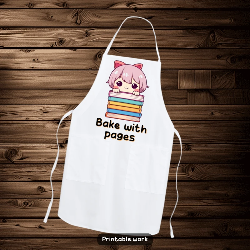 Funny apron with a cute character playfully peeking from behind pages, adding humor to cooking and baking activities.