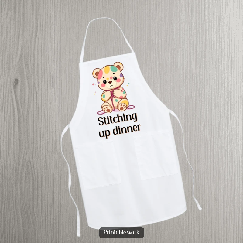Funny apron with a content bear character knitting a colorful abstract pattern, adding a whimsical and cozy touch to kitchen tasks.
