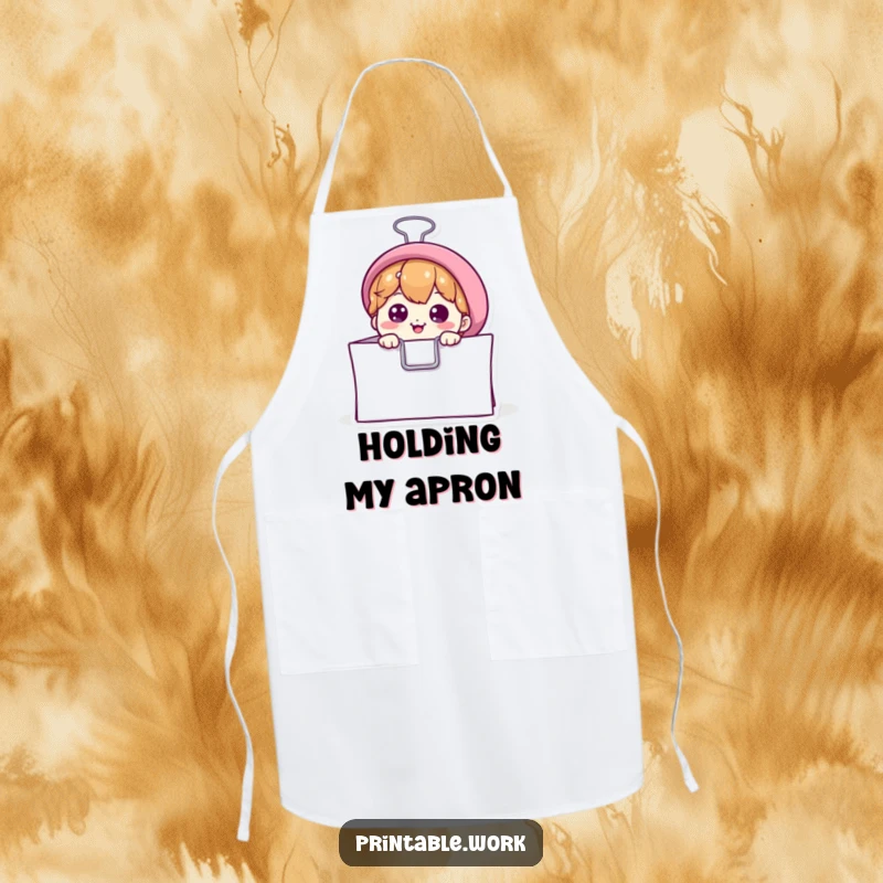Funny apron displaying a curious binder clip character peeking from paper, perfect for kitchen office humor and a practical, funny gift.