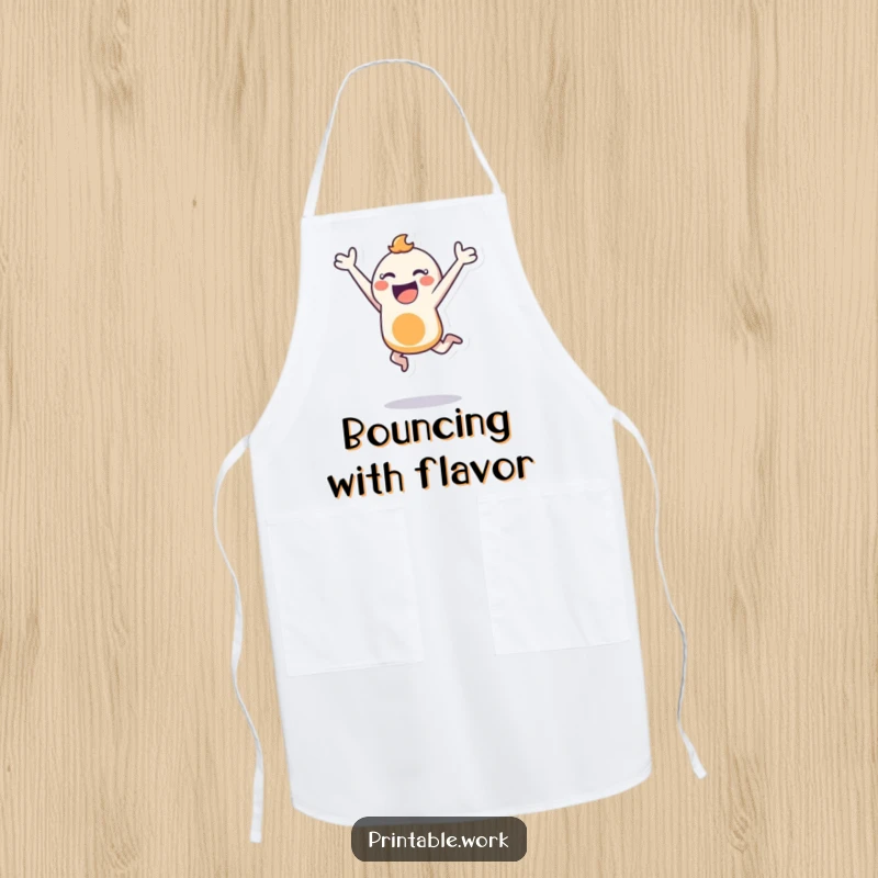 Funny apron showing a bouncing character joyfully leaping with a stencil, perfect for creative endeavors and energetic crafting.