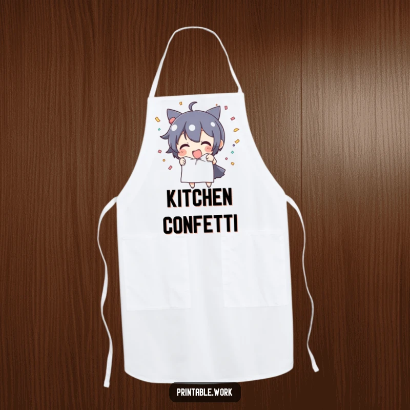Funny Apron: Character tears paper releasing confetti, a humorous and festive accessory for kitchen fun.