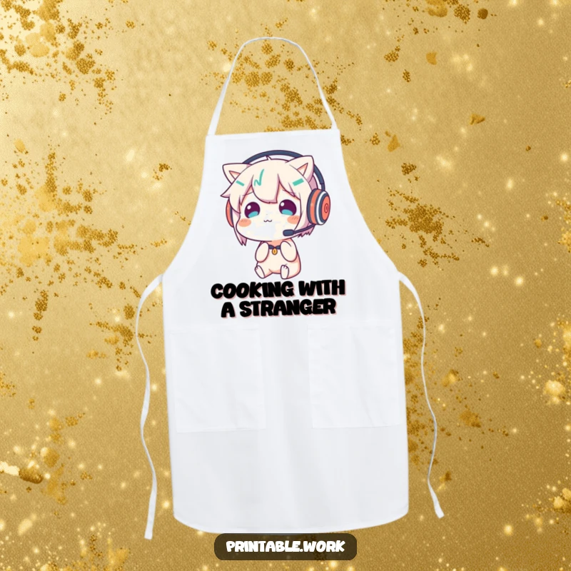 Funny apron showing a character wearing a headset and looking confused by its reflection, great for kitchen humor.
