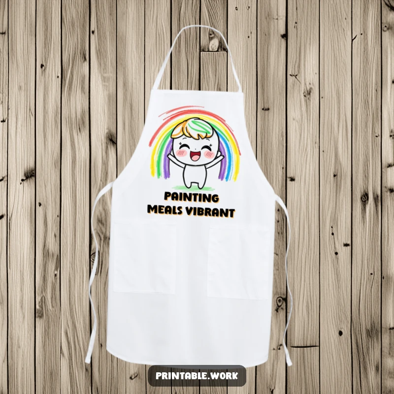 Funny delighted crayon character apron, vibrantly drawing a rainbow with colorful strokes, perfect for cheerful cooking and baking.