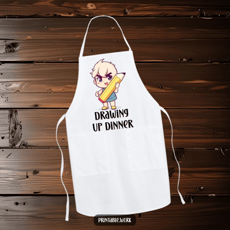 Funny apron with a character holding a giant pencil, for creators who want to stay clean and humorous.