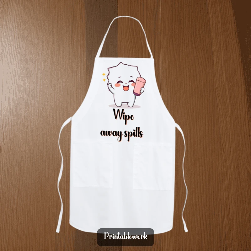 Funny apron showing a giggling character using a giant eraser to reveal a hidden image, perfect for messy fun and creative reveals.