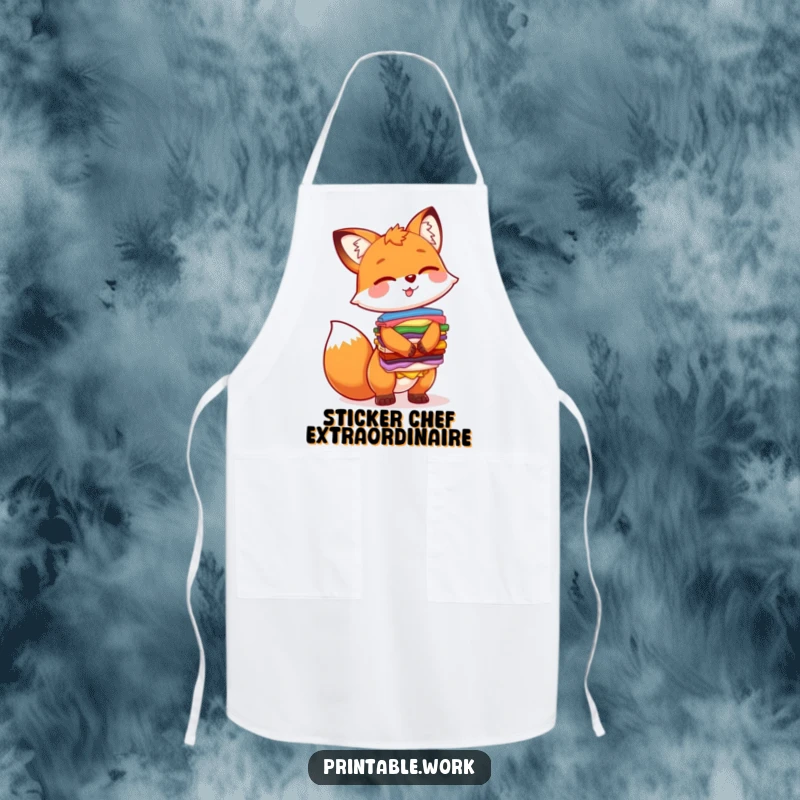 Funny apron with a giggling fox character humorously balancing a stack of colorful stickers, ideal for a playful chef.