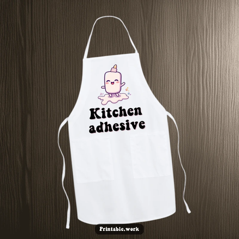 Funny apron showcasing a cheerful glue stick leaving a shiny goo trail, ideal for crafters and artists embracing humor.