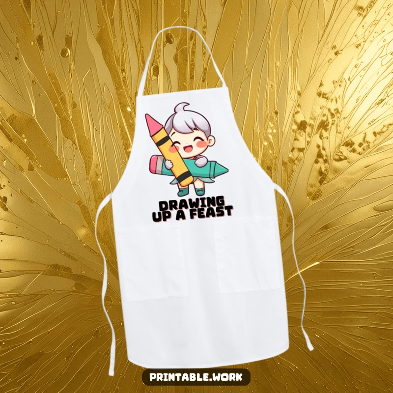 Funny apron featuring a happy character holding a large, vibrant crayon, ready for kitchen creativity or craft sessions.