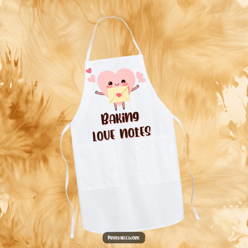 Funny Apron featuring a paper heart character, arms outstretched to hug a tiny envelope. A humorous and heartwarming cooking accessory.