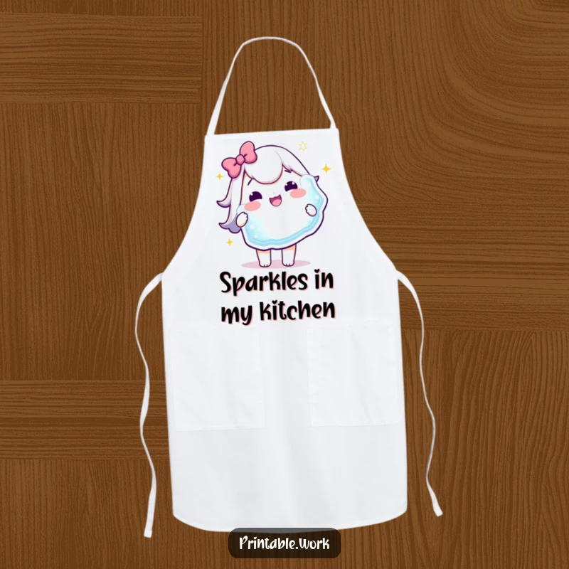Funny Apron: A delighted Kawaii character holds a huge, sparkling sticker, ready to add joy to any kitchen task.