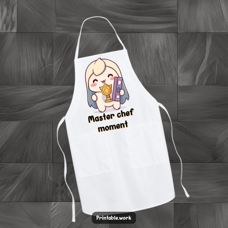Funny Kawaii Apron: Character holding a perfectly organized binder like a trophy, ideal for kitchen tasks with precision.