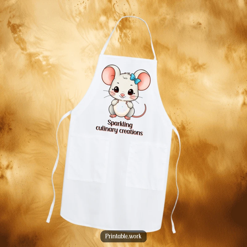 Funny Kawaii mouse character wearing an apron, meticulously arranging glittery embellishments, ready for any creative task.