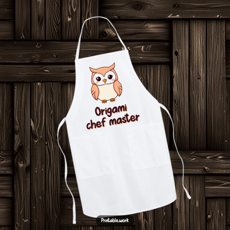 Funny Kawaii Owl Origami Apron featuring a focused owl folding origami paper, designed for protection and adding humor, a practical funny gift.