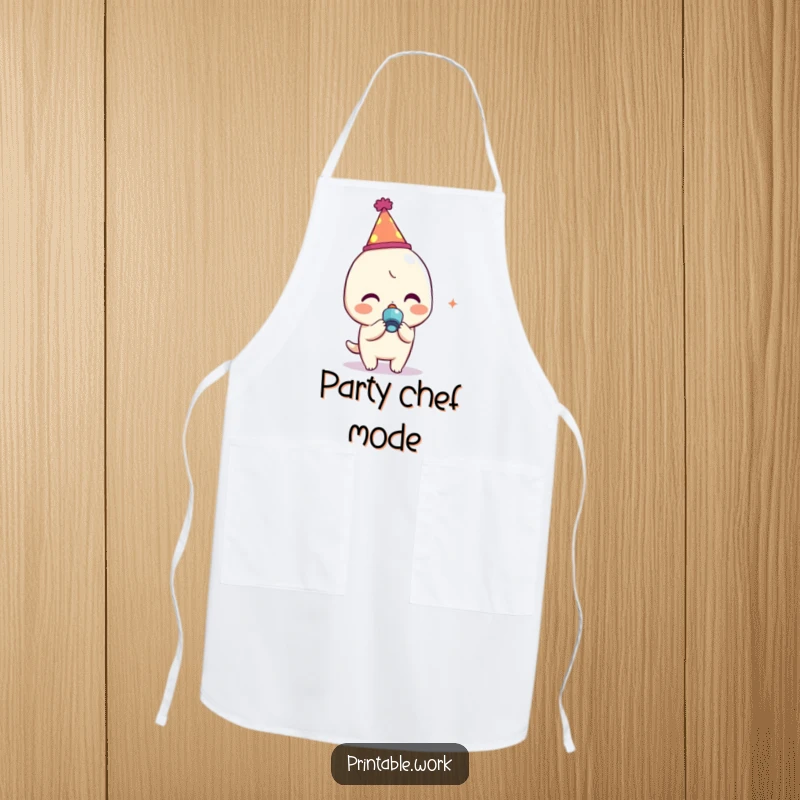 Funny Kawaii character in a party hat with a noisemaker on a chef's apron, ready for festive cooking and baking.