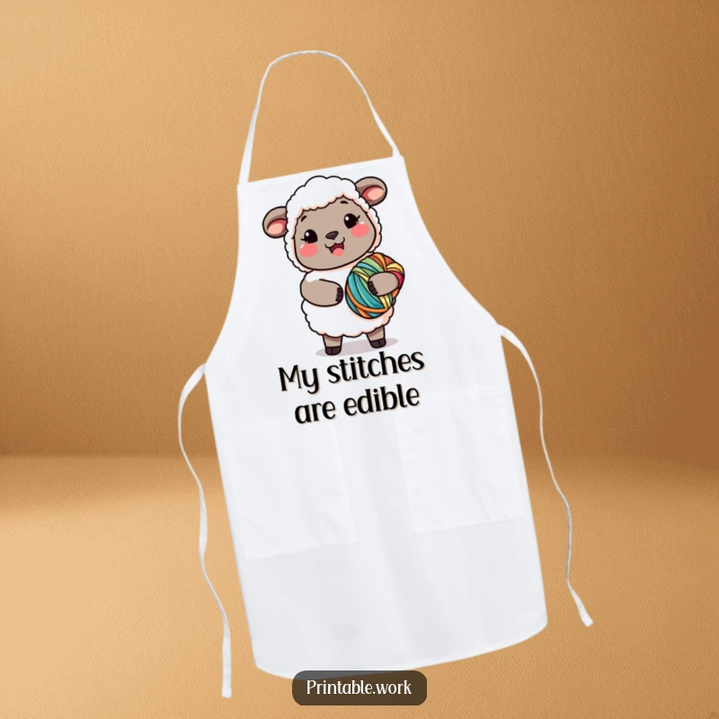 Funny Kawaii Sheep Yarn Apron showing a cheerful sheep holding a bundle of colorful yarn, keeping crafters clean with humor, a funny gift.