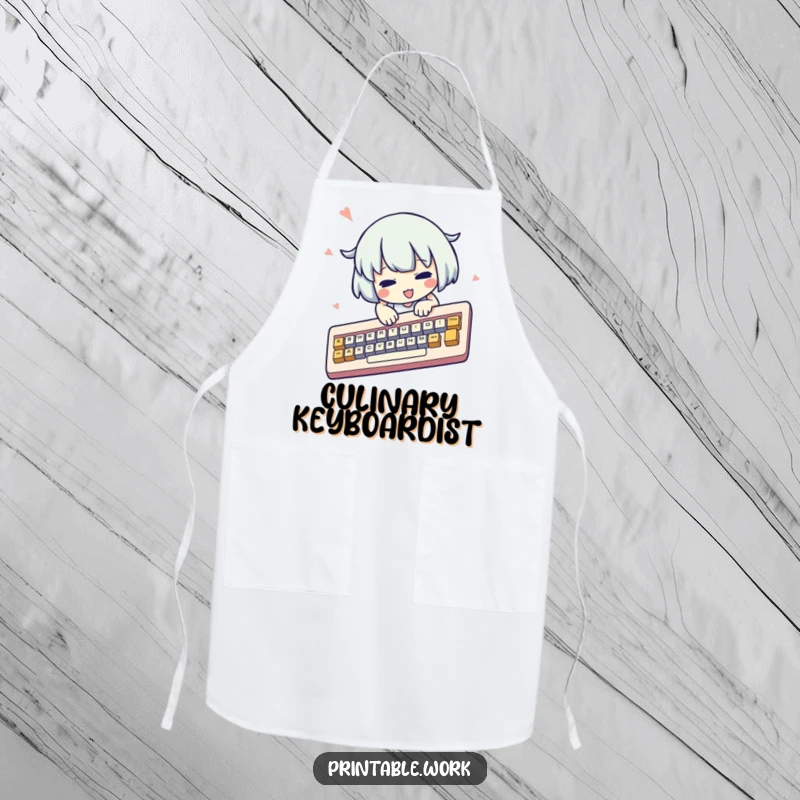 Funny kawaii character apron, frantically typing on a comically oversized keyboard, cute, humorous kitchen wear, gift.