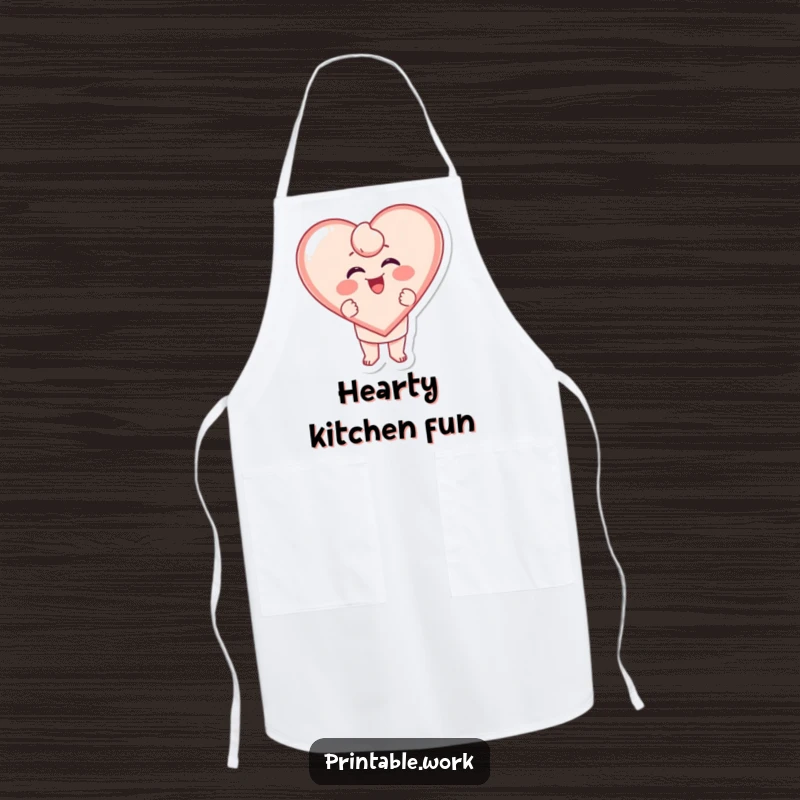 Funny Heart Apron: A character excitedly stamping a giggling heart shape, ready for kitchen fun and love.