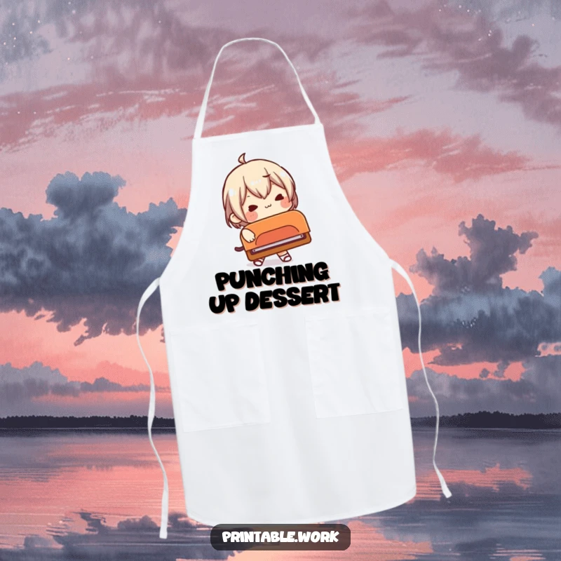 Funny apron showing a character comically attempting to use a ridiculously large hole punch, perfect for cooking.