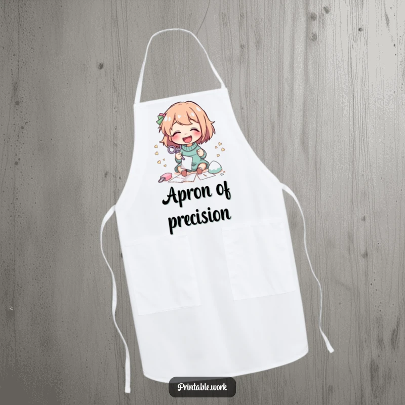 Funny Apron: A character giggles while meticulously cutting intricate paper shapes with scissors, perfect for craft time.