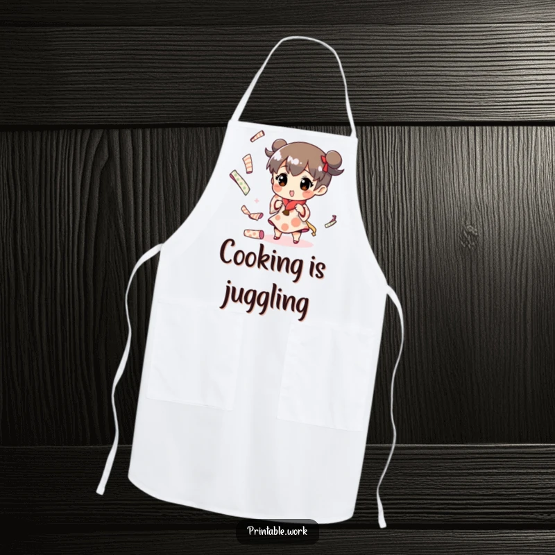 Funny apron with a character juggling paper rolls, for crafters who want to stay clean and humorous.