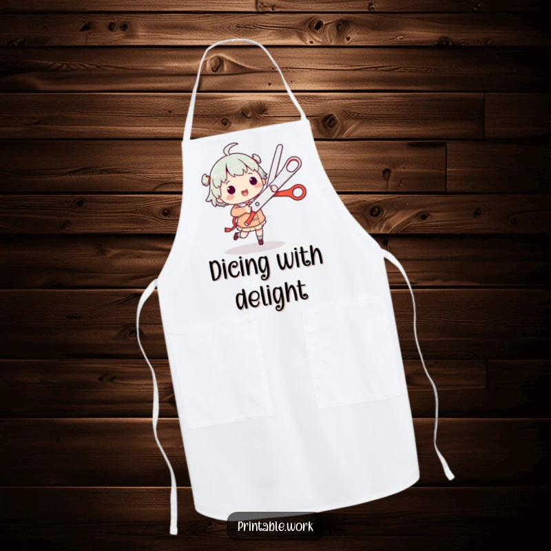 Funny Apron: Character jigs with giant scissors, a humorous and practical accessory for kitchen fun.