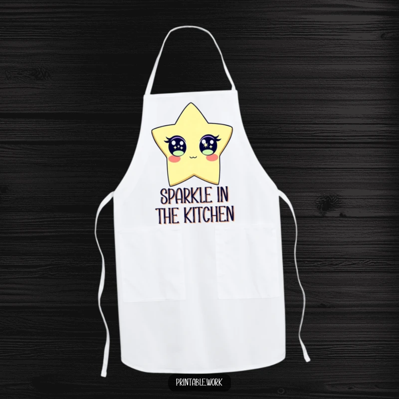 Funny Apron featuring a paper star character with wide, sparkling eyes, ready to add fun to any kitchen task. A humorous cooking accessory.