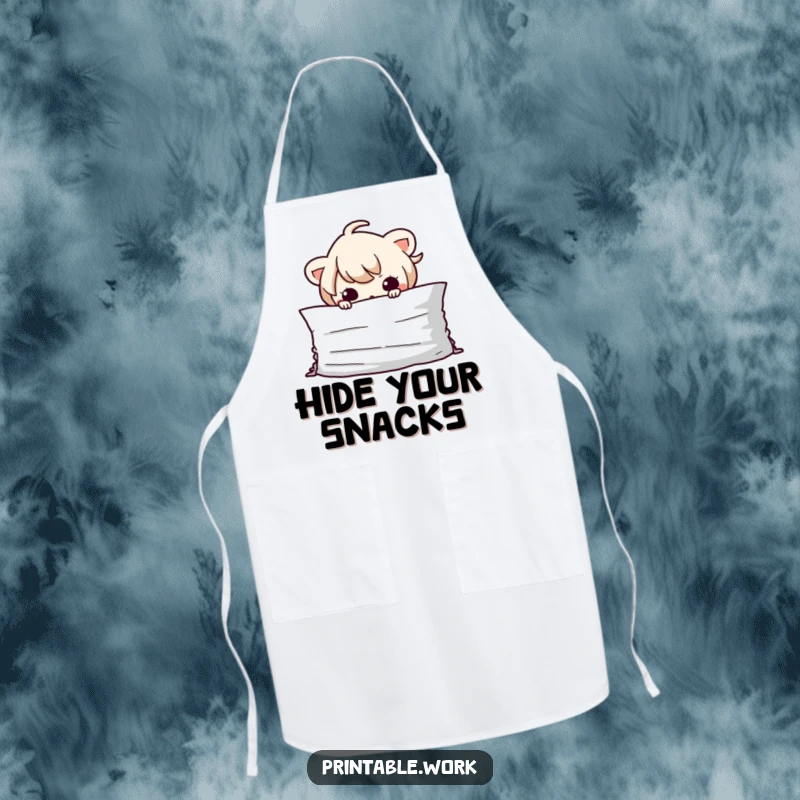 Funny Kawaii character peeking from behind a pile of papers on a functional and humorous kitchen apron.