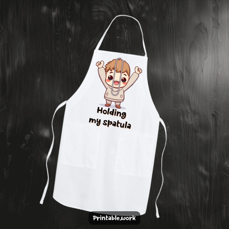 Funny apron showcasing a character triumphantly holding a single, oversized paperclip, kitchen accomplishment.