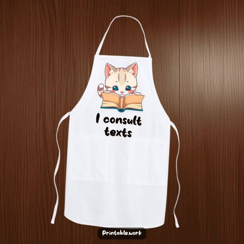 Funny apron featuring a curious cat character reading a miniature book. Great for kitchen fun and literary enthusiasts.