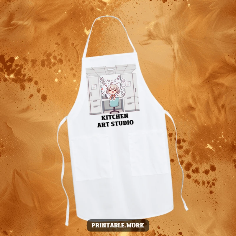 Funny apron depicting a character decorating a cubicle with silly drawings, suitable for art projects or cooking.
