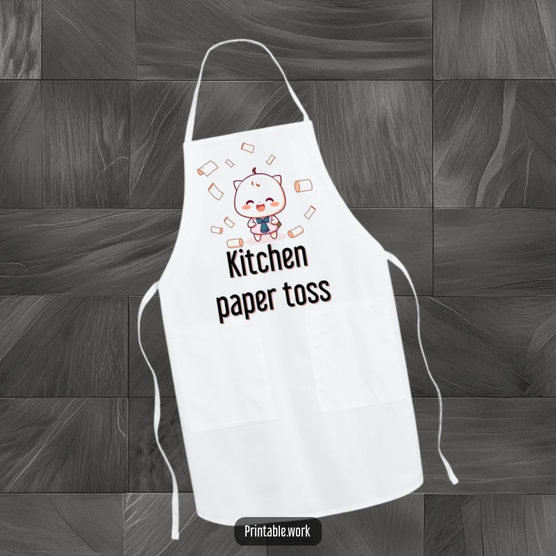Funny Juggling Apron: A character grinning while playfully juggling tiny rolls of paper, ready for kitchen challenges.