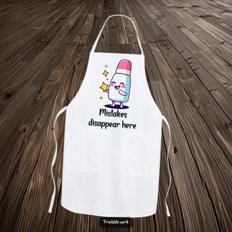 Funny giggling eraser character apron, polishing a sparkling star, perfect for maintaining a neat kitchen with cheerful style.