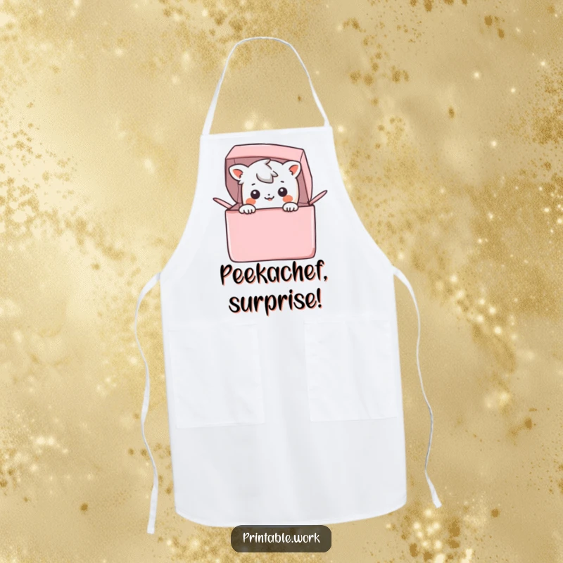 Funny Apron: A happy Kawaii character peeks out from a colorful box, ready to help in the kitchen with a smile.