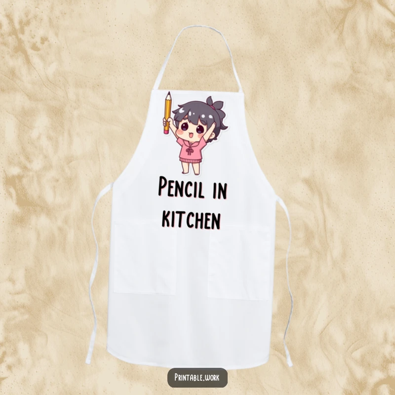 Funny apron featuring a character holding a single used pencil, perfect for cooking or crafting with a humorous, minimalist theme.