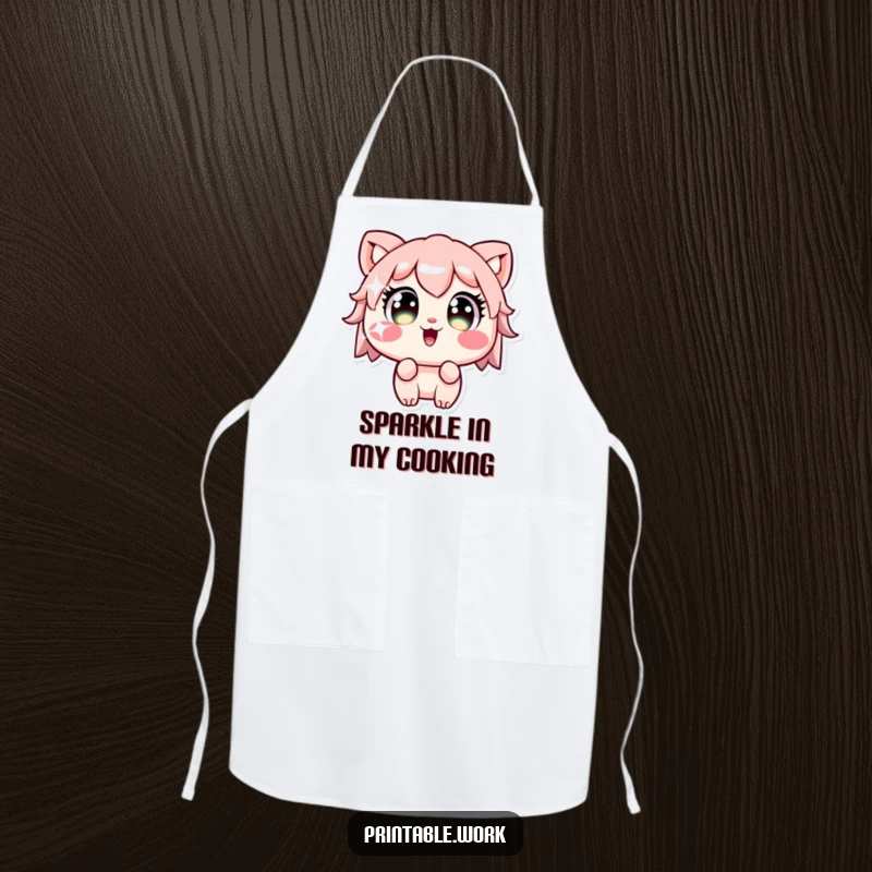 Funny Kawaii character with wide eyes staring at a sparkling sticker on a functional and humorous kitchen apron, ideal for appreciative cooks.