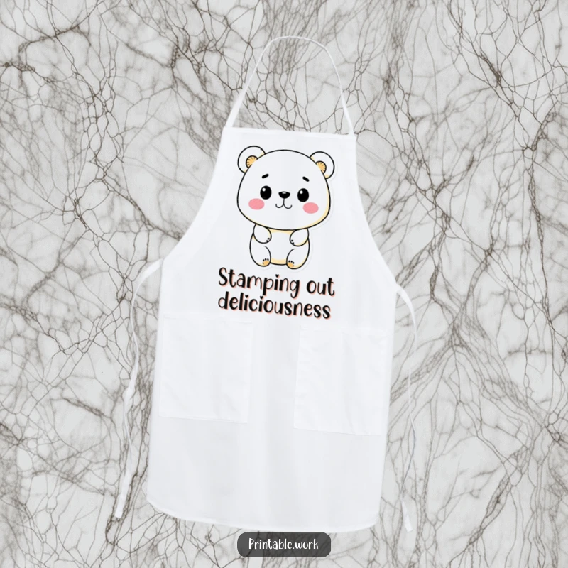 Funny Kawaii bear character wearing an apron, happily stamping designs, ready for any artistic endeavor.