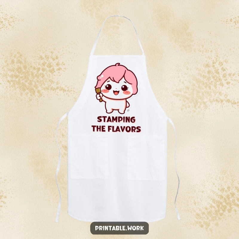 Funny apron with a cute Kawaii character cheerfully stamping a large, colorful icon, ready for kitchen adventures.