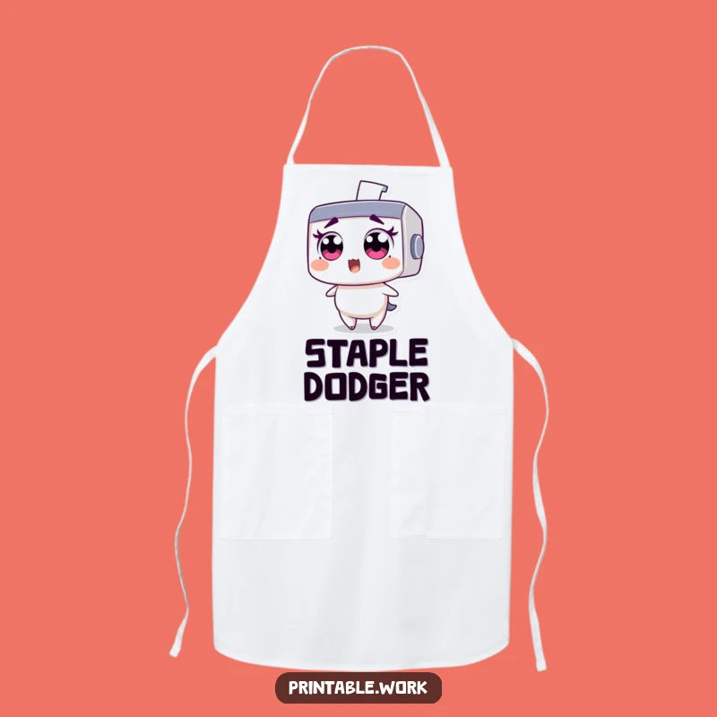 Funny Printer Apron: Wide-eyed character's staple shock, a humorous kitchen or office accessory.