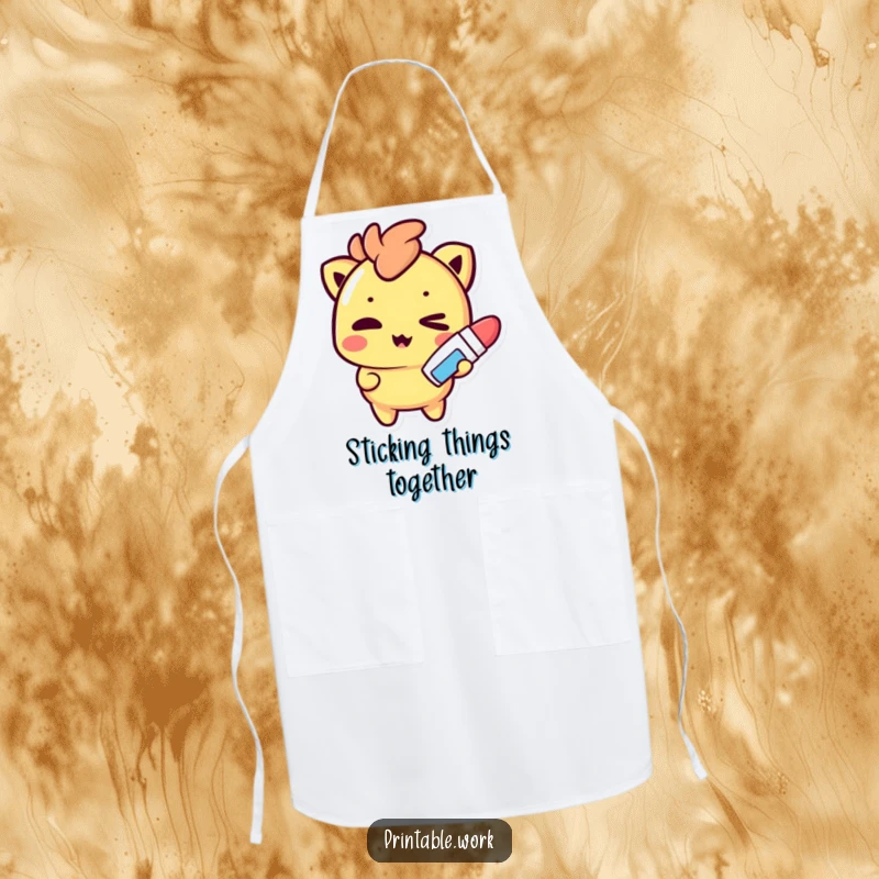 Funny Apron: A mischievous Kawaii character winks playfully, holding a glue stick, ready for any crafting project.