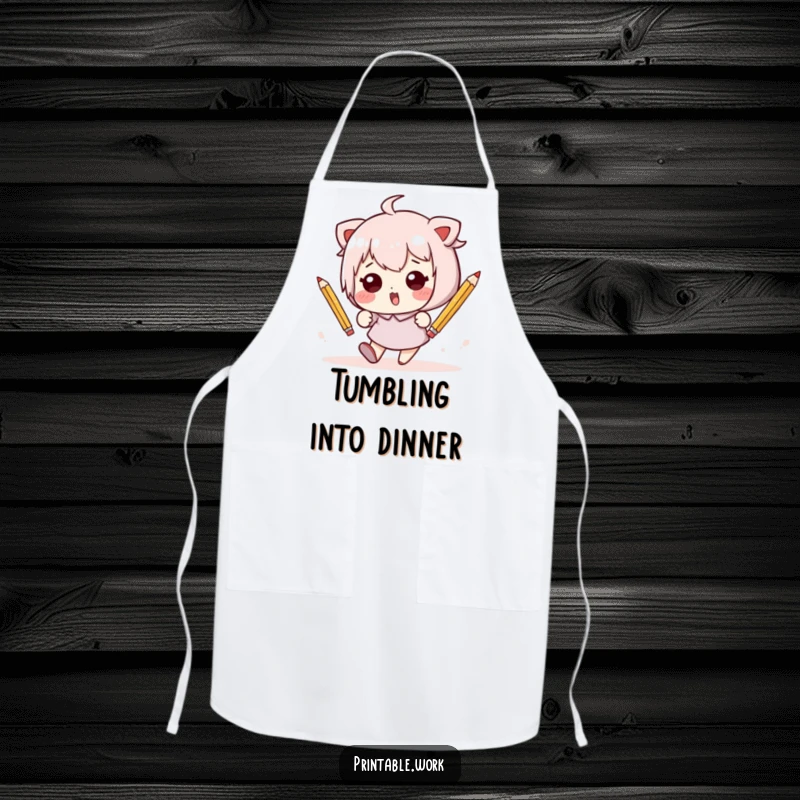 Funny Kawaii character hilariously tumbling with pencils on a functional and humorous kitchen apron, ideal for cooks who don't mind a little mess.