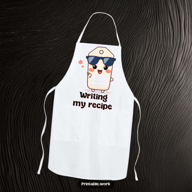 Funny Paper Tag Apron: A paper tag character sighs happily while offering a small pencil, a humorous and practical kitchen accessory.