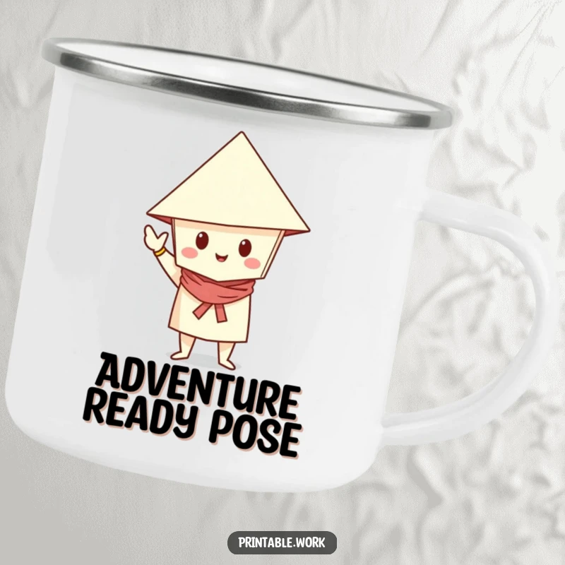 Funny Camping Mug featuring a paper character in a folded hat, striking a confident and stylish pose.